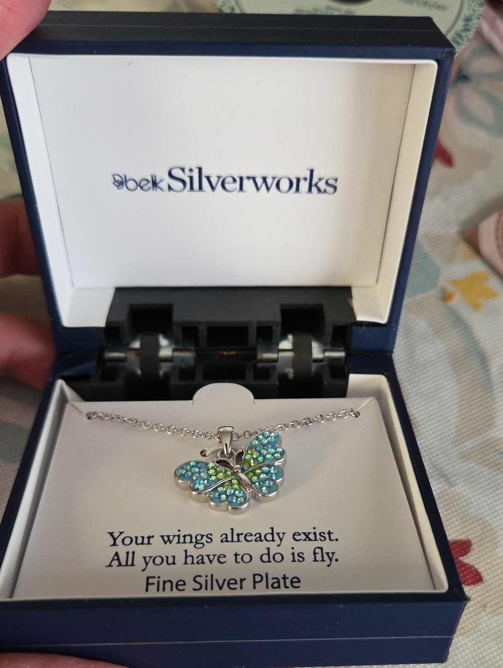 Fine Silver-Plate Butterfly Necklace in Blue-Green Crystal